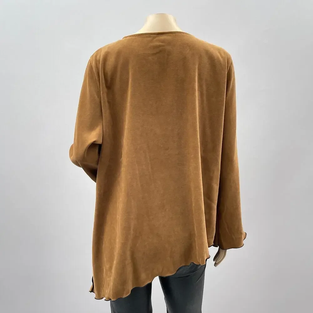 AHNI USA Top Womens 3 / XL Brown Microsuede Artsy Graphic Asymmetrical Hem Boho - Picture 5 of 11